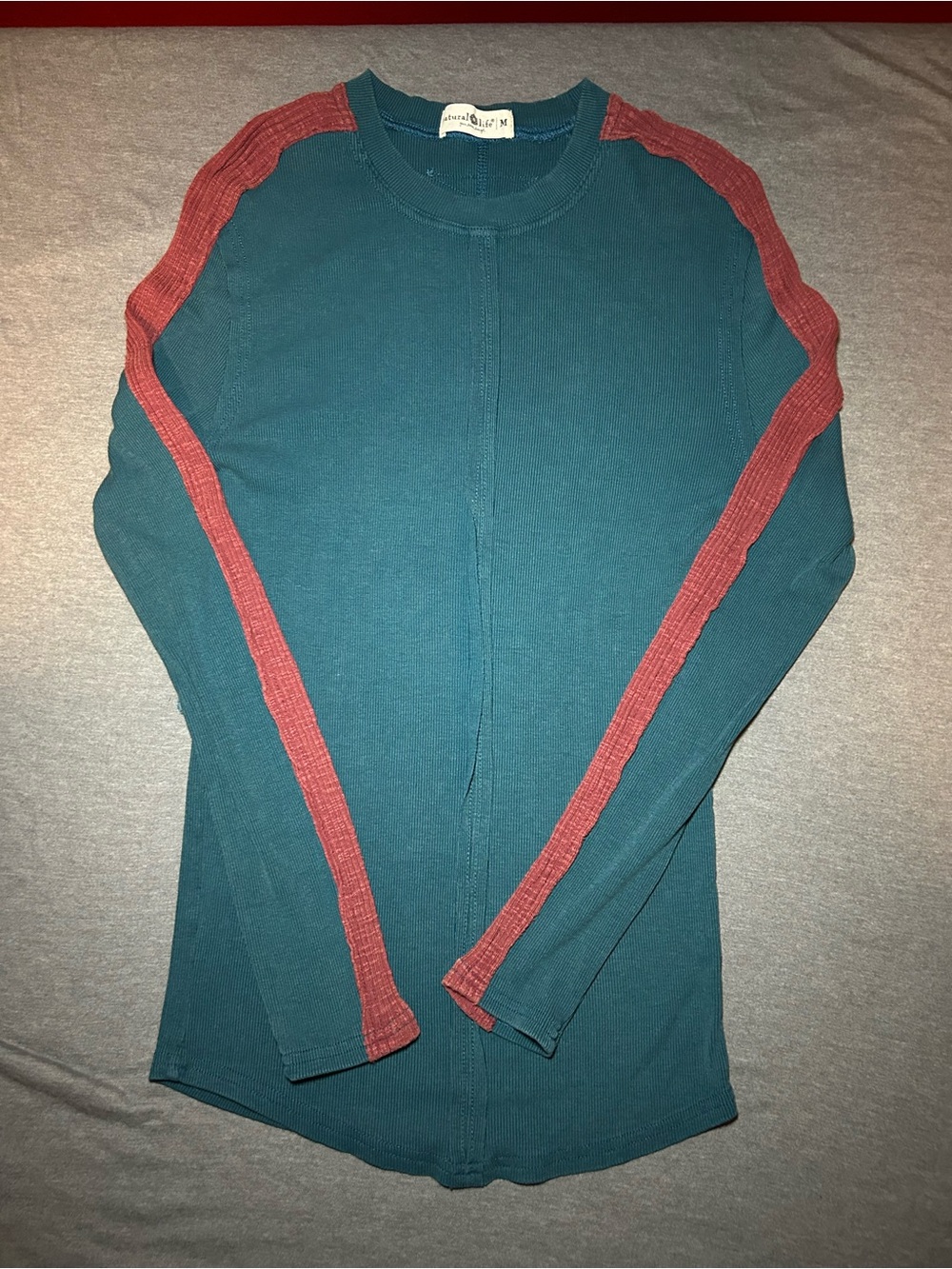 NATURAL LIFE Teal Long Sleeve Top with Red Shoulder Stripes